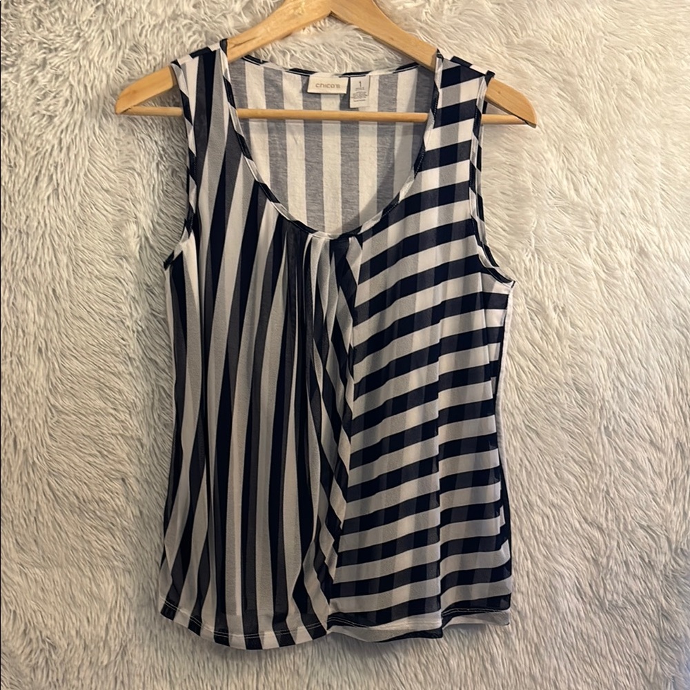 Chico's Navy and White Striped Sleeveless Ruched Tank Top Size Medium